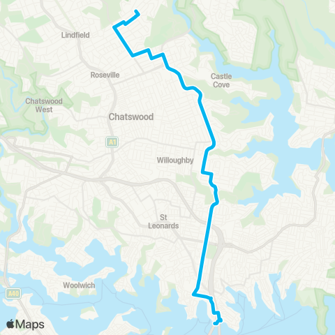 Sydney Buses Network E Lindfield to Milsons Point via N Sydney map
