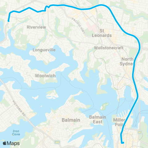 Sydney Buses Network Lane Cove W to City Wynyard via Freeway map