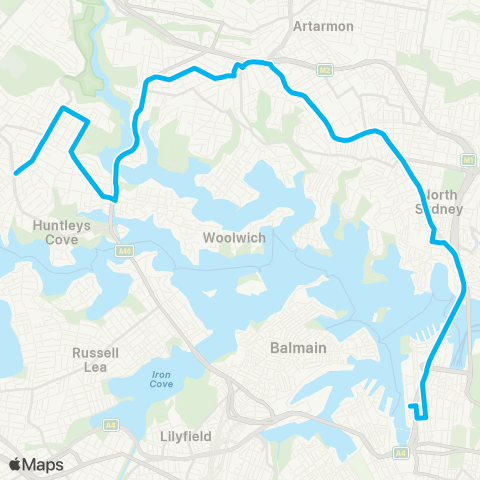 Sydney Buses Network Gladesville to North Sydney map