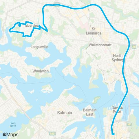 Sydney Buses Network Riverview to City Wynyard via Freeway map