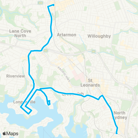 Sydney Buses Network Lane Cove to N Sydney via Longueville map