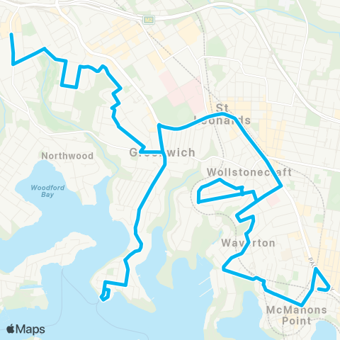 Sydney Buses Network Lane Cove to North Sydney via Crows Nest map