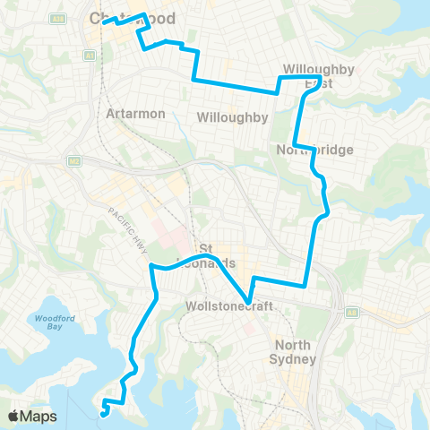 Sydney Buses Network Chatswood to Greenwich via Crows Nest map