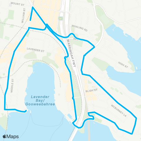 Sydney Buses Network N Sydney to Milsons Point via Kirribilli (Loop Service) map