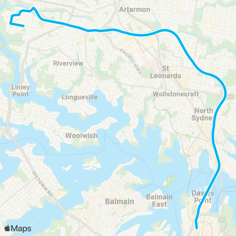 Sydney Buses Network Lane Cove W to City Wynyard via Freeway map