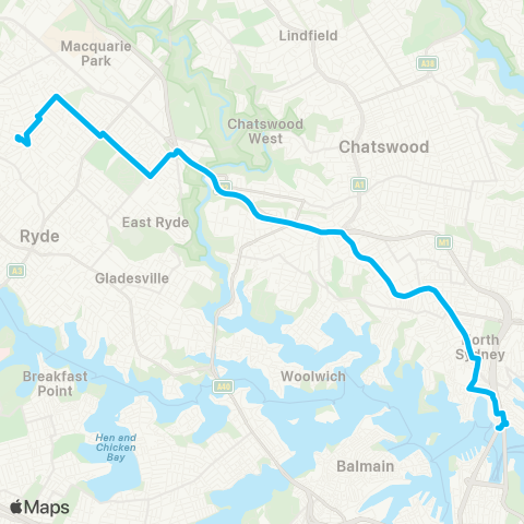 Sydney Buses Network Denistone E to Milsons Point via St Leonards & N Sydney map