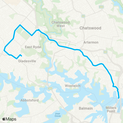 Sydney Buses Network Ryde to Milsons Point via St Leonards & N Sydney map