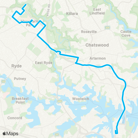 Sydney Buses Network Marsfield to City Erskine St via Macquarie Pk, Ln Cove N & Fwy map