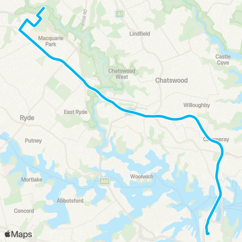 Sydney Buses Network Marsfield to City Wynyard via Ln Cove Tunnel map