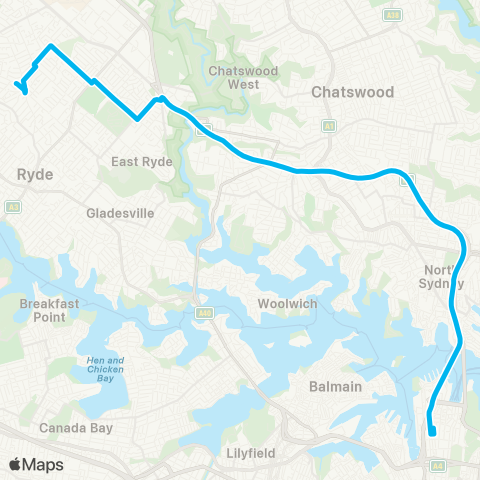 Sydney Buses Network Denistone E to City Wynyard via Ln Cove Tunnel map