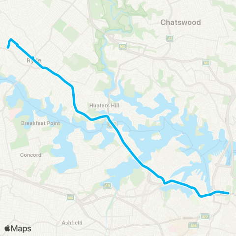 Sydney Buses Network W Ryde to City Hyde Pk via Victoria Rd (Exp Service) map