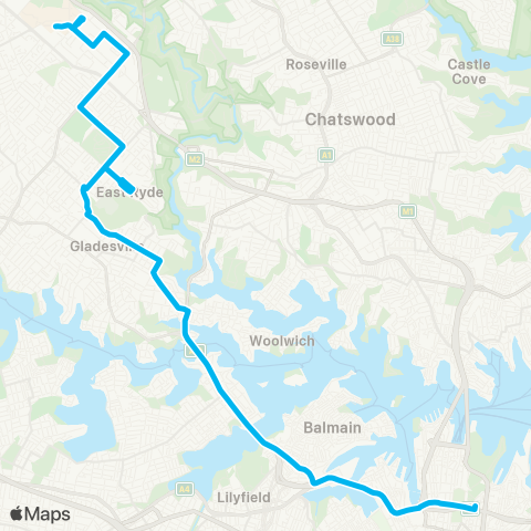 Sydney Buses Network Macquarie Univ to City Domain via E Ryde map