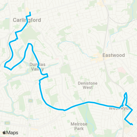 Sydney Buses Network Carlingford to W Ryde via Dundas Valley map