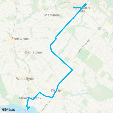 Sydney Buses Network Macquarie Univ to Meadowbank Wharf via Ryde map