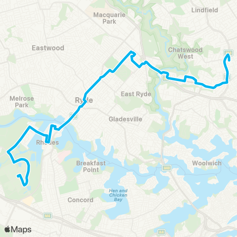 Sydney Buses Network Sydney Olympic Pk to Chatswood via Rhodes & N Ryde map