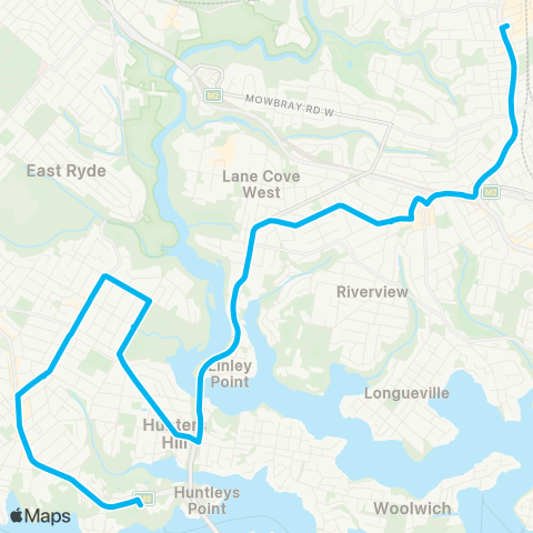 Sydney Buses Network Gladesville to Chatswood via Hunters Hill map