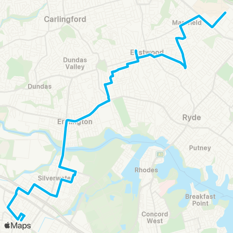 Sydney Buses Network Macquarie Centre to Auburn via Eastwood map