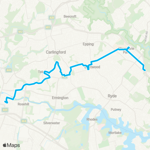Sydney Buses Network Parramatta to Macquarie Pk via Telopea & Eastwood map