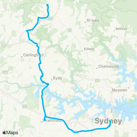 Sydney Buses Network Hornsby to City Town Hall via Strathfield (Night Service) map