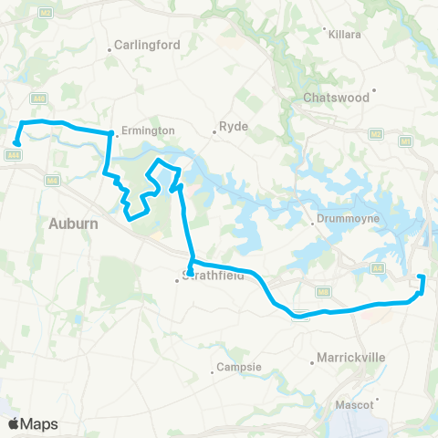 Sydney Buses Network Parramatta to City Town Hall via Sydney Olympic Pk (Night Service) map