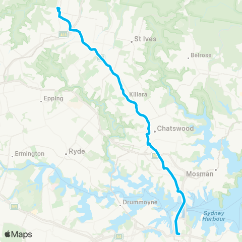 Sydney Buses Network Hornsby to City Town Hall via Chatswood (Night Service) map