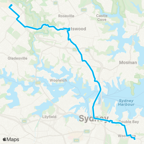 Sydney Buses Network City Town Hall to Macquarie Ctr (Night Service) map