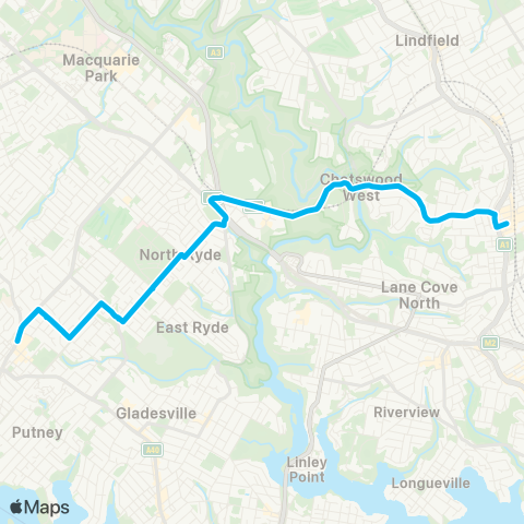 Sydney Buses Network Top Ryde City to Chatswood via N Ryde map