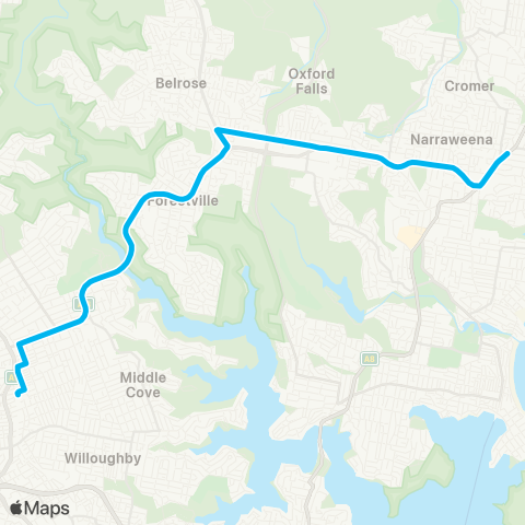 Sydney Buses Network Dee Why to Chatswood via Frenchs Forest (Exp Service) map