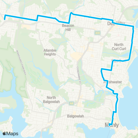 Sydney Buses Network Frenchs Forest to Manly via Dee Why Bch map