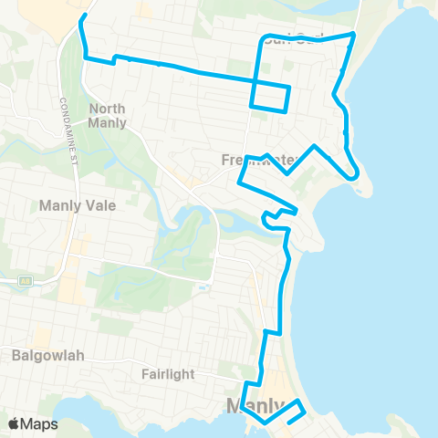 Sydney Buses Network Warringah Mall to Manly via S Curl Curl map