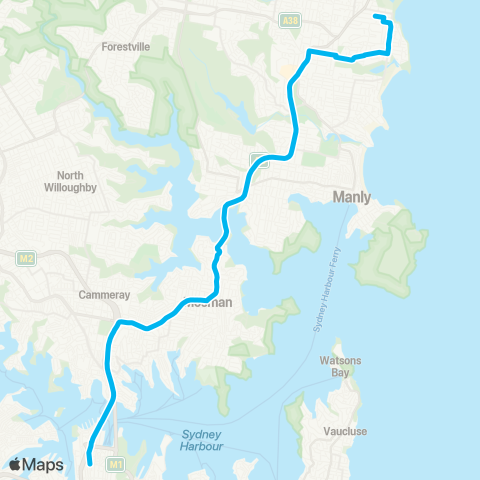Sydney Buses Network Dee Why to City Wynyard via N Curl Curl (Exp Service) map