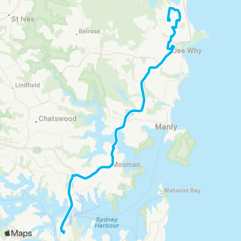 Sydney Buses Network Collaroy Plateau to City Wynyard (Exp Service) map