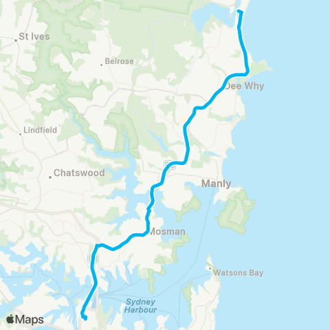 Sydney Buses Network Narrabeen to City Wynyard (Exp Service) map