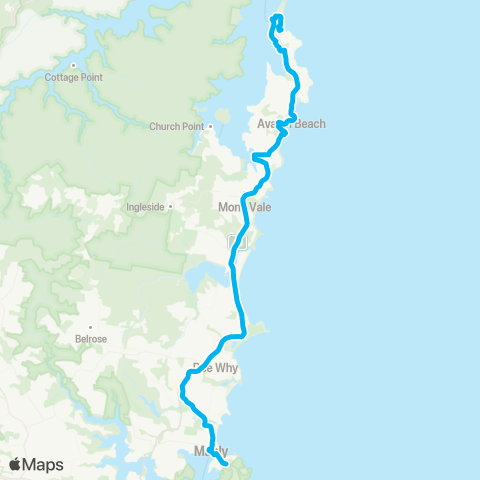 Sydney Buses Network Palm Bch to Manly via Mona Vale & Dee Why map