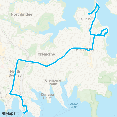 Sydney Buses Network Beauty Point to Milsons Point via Balmoral Hts map