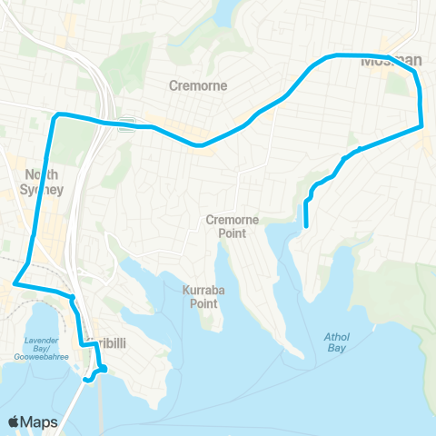 Sydney Buses Network Mosman Wharf to Milsons Point via N Sydney map