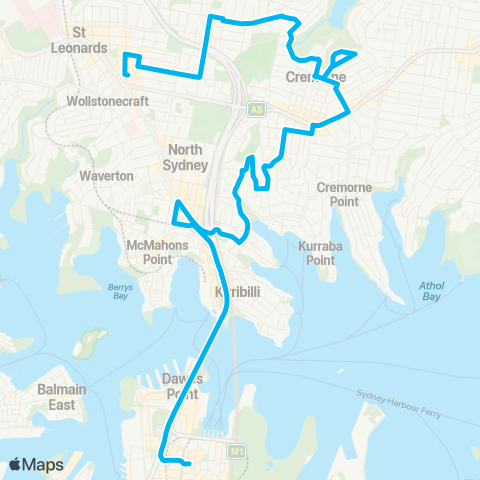Sydney Buses Network Crows Nest to City Bridge St via Cremorne map