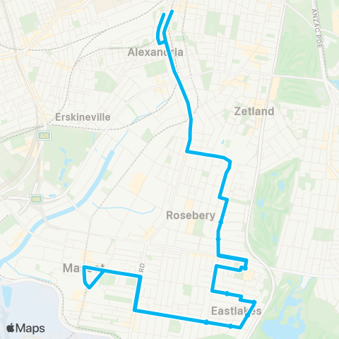 Sydney Buses Network Redfern to Mascot Station (Loop Service) map