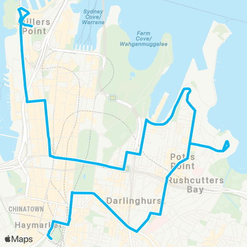 Sydney Buses Network Central Belmore Pk to City Millers Point via Darlinghurst and Potts Point map