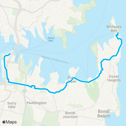 Sydney Buses Network Watsons Bay to Walsh Bay via Old S Head Rd map