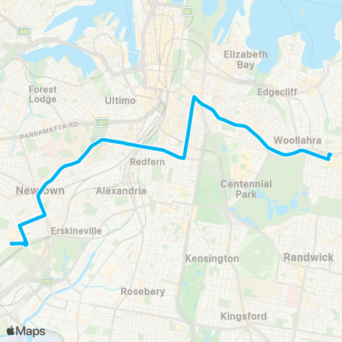 Sydney Buses Network Marrickville Metro to Bondi Jct via Oxford St, Crown St & King St map