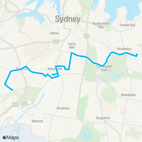 Sydney Buses Network Marrickville Metro to Bondi Jct via Moore Pk & Erskineville map
