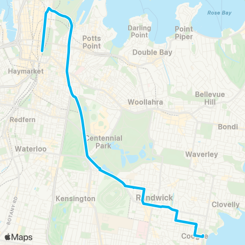 Sydney Buses Network Coogee to City Museum via Bream St (Exp Service) map