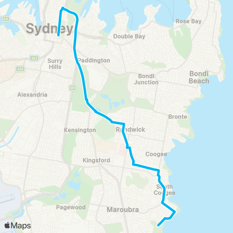 Sydney Buses Network Maroubra Bch to City Museum via S Coogee (Exp Service) map