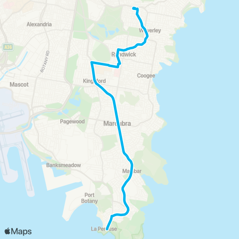 Sydney Buses Network La Perouse to Bondi Jct (Exp Service) map