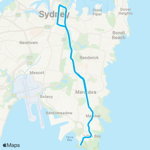 Sydney Buses Network La Perouse to City Museum (Exp Service) map