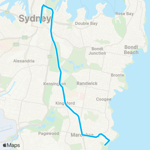 Sydney Buses Network Maroubra Bch to City Museum (Exp Service) map