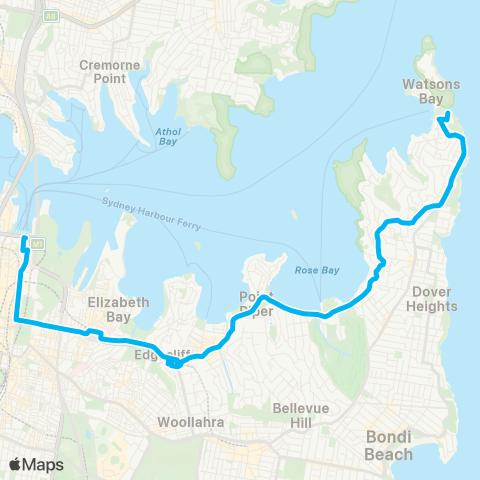 Sydney Buses Network Watsons Bay to City Circular Quay map