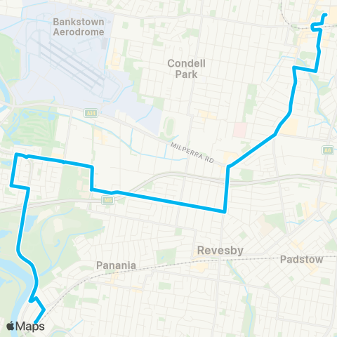 Sydney Buses Network East Hills to Bankstown via Milperra map