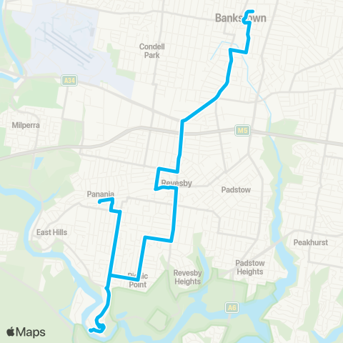 Sydney Buses Network Panania to Bankstown via Picnic Point map